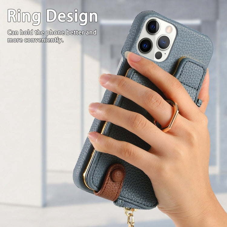 For iPhone 12 Pro Litchi Leather Oil Edge Ring Zipper Wallet Back Phone Case(Light Blue) - iPhone 12 / 12 Pro Cases by buy2fix | Online Shopping UK | buy2fix