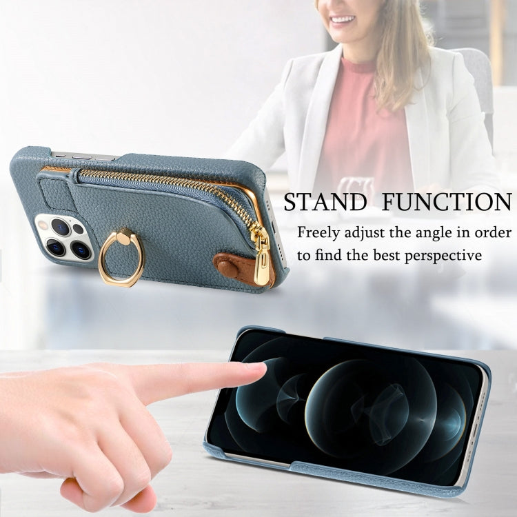 For iPhone 12 Pro Litchi Leather Oil Edge Ring Zipper Wallet Back Phone Case(Light Blue) - iPhone 12 / 12 Pro Cases by buy2fix | Online Shopping UK | buy2fix