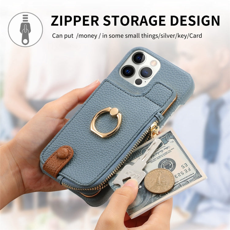 For iPhone 12 Pro Litchi Leather Oil Edge Ring Zipper Wallet Back Phone Case(Light Blue) - iPhone 12 / 12 Pro Cases by buy2fix | Online Shopping UK | buy2fix