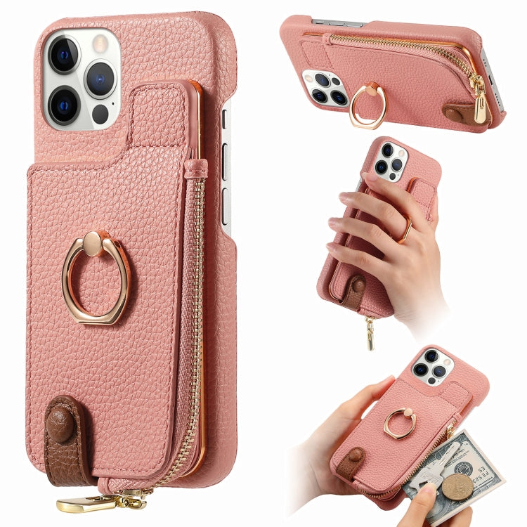 For iPhone 12 Pro Litchi Leather Oil Edge Ring Zipper Wallet Back Phone Case(Pink) - iPhone 12 / 12 Pro Cases by buy2fix | Online Shopping UK | buy2fix