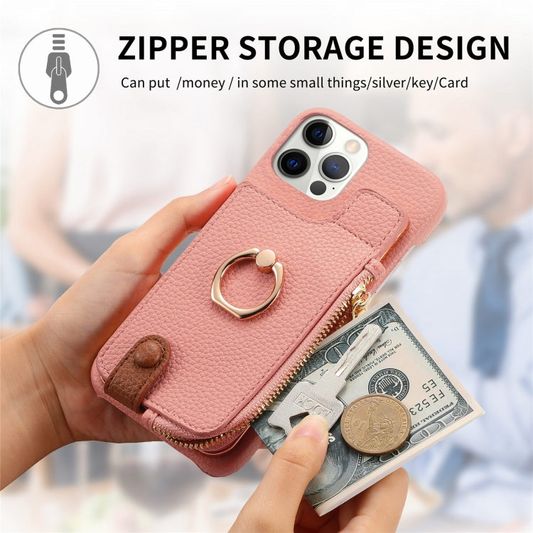 For iPhone 12 Pro Litchi Leather Oil Edge Ring Zipper Wallet Back Phone Case(Pink) - iPhone 12 / 12 Pro Cases by buy2fix | Online Shopping UK | buy2fix