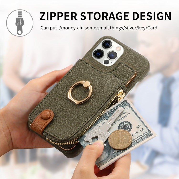 For iPhone 12 Pro Litchi Leather Oil Edge Ring Zipper Wallet Back Phone Case(Green) - iPhone 12 / 12 Pro Cases by buy2fix | Online Shopping UK | buy2fix