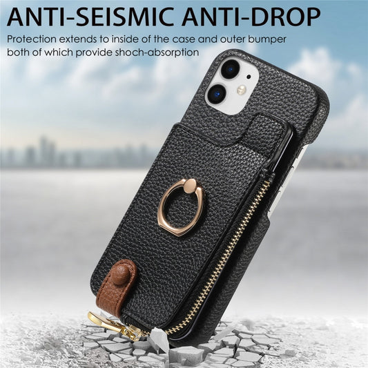 For iPhone 12 Litchi Leather Oil Edge Ring Zipper Wallet Back Phone Case(Black) - iPhone 12 / 12 Pro Cases by buy2fix | Online Shopping UK | buy2fix