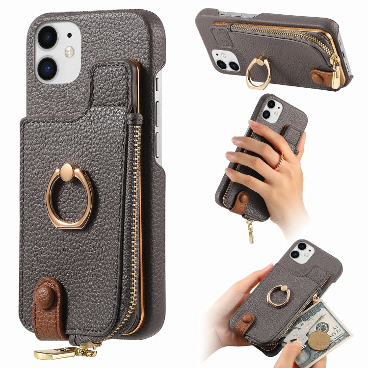 For iPhone 12 Litchi Leather Oil Edge Ring Zipper Wallet Back Phone Case(Grey) - iPhone 12 / 12 Pro Cases by buy2fix | Online Shopping UK | buy2fix