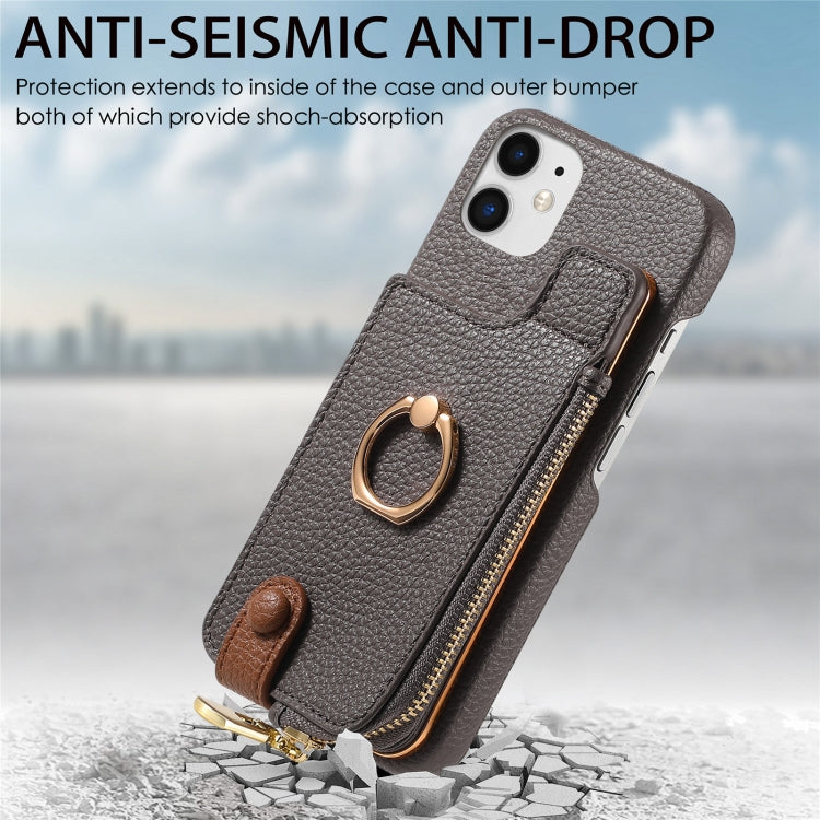 For iPhone 12 Litchi Leather Oil Edge Ring Zipper Wallet Back Phone Case(Grey) - iPhone 12 / 12 Pro Cases by buy2fix | Online Shopping UK | buy2fix