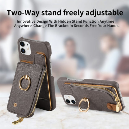 For iPhone 12 Litchi Leather Oil Edge Ring Zipper Wallet Back Phone Case(Grey) - iPhone 12 / 12 Pro Cases by buy2fix | Online Shopping UK | buy2fix