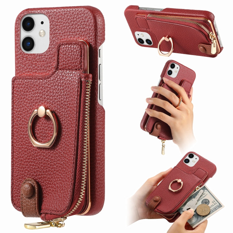 For iPhone 12 Litchi Leather Oil Edge Ring Zipper Wallet Back Phone Case(Red) - iPhone 12 / 12 Pro Cases by buy2fix | Online Shopping UK | buy2fix