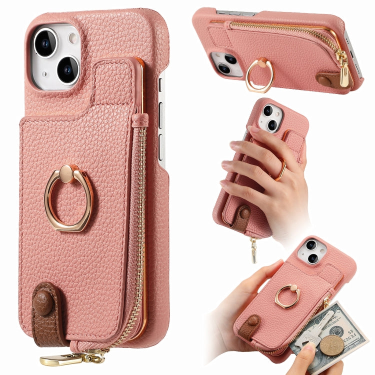For iPhone 13 mini Litchi Leather Oil Edge Ring Zipper Wallet Back Phone Case(Pink) - iPhone 13 mini Cases by buy2fix | Online Shopping UK | buy2fix