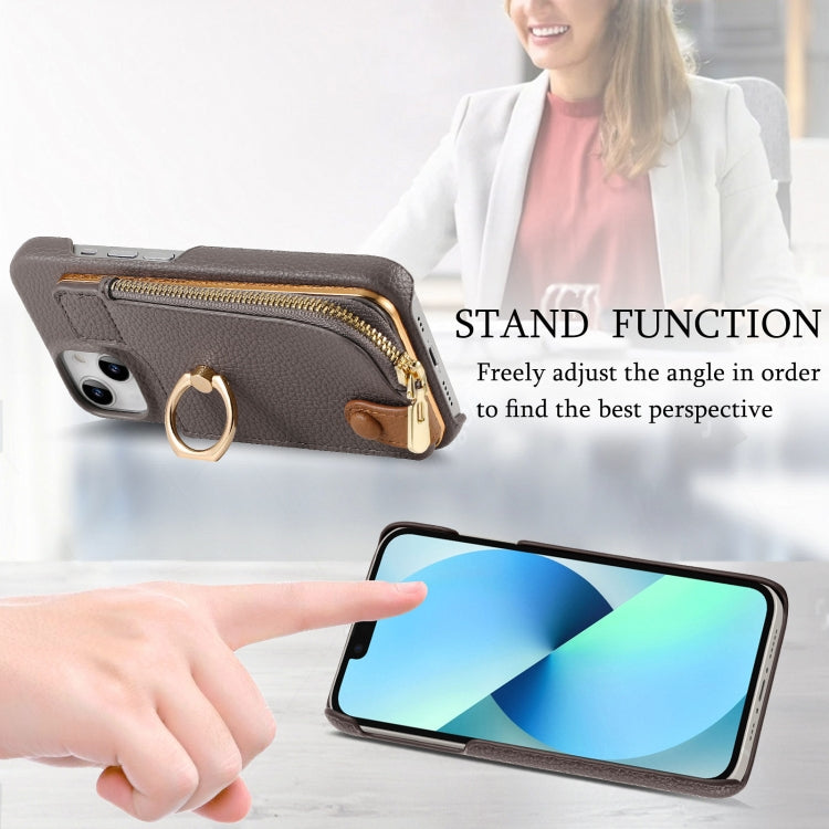 For iPhone 13 mini Litchi Leather Oil Edge Ring Zipper Wallet Back Phone Case(Grey) - iPhone 13 mini Cases by buy2fix | Online Shopping UK | buy2fix