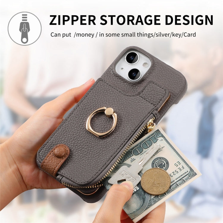 For iPhone 13 mini Litchi Leather Oil Edge Ring Zipper Wallet Back Phone Case(Grey) - iPhone 13 mini Cases by buy2fix | Online Shopping UK | buy2fix