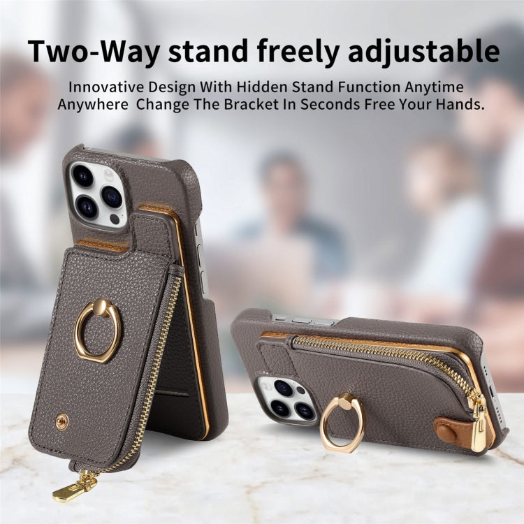 For iPhone 13 Pro Max Litchi Leather Oil Edge Ring Zipper Wallet Back Phone Case(Grey) - iPhone 13 Pro Max Cases by buy2fix | Online Shopping UK | buy2fix