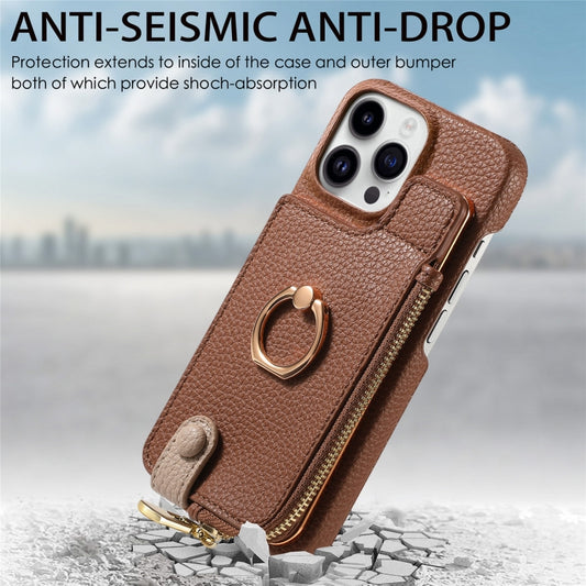 For iPhone 13 Pro Litchi Leather Oil Edge Ring Zipper Wallet Back Phone Case(Brown) - iPhone 13 Pro Cases by buy2fix | Online Shopping UK | buy2fix