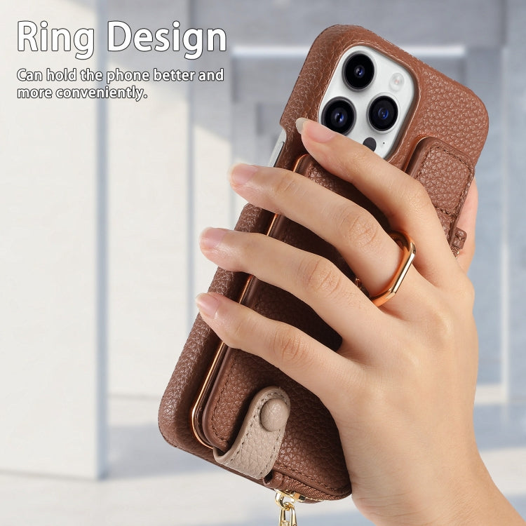 For iPhone 13 Pro Litchi Leather Oil Edge Ring Zipper Wallet Back Phone Case(Brown) - iPhone 13 Pro Cases by buy2fix | Online Shopping UK | buy2fix