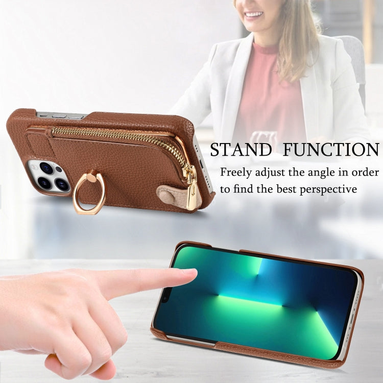 For iPhone 13 Pro Litchi Leather Oil Edge Ring Zipper Wallet Back Phone Case(Brown) - iPhone 13 Pro Cases by buy2fix | Online Shopping UK | buy2fix