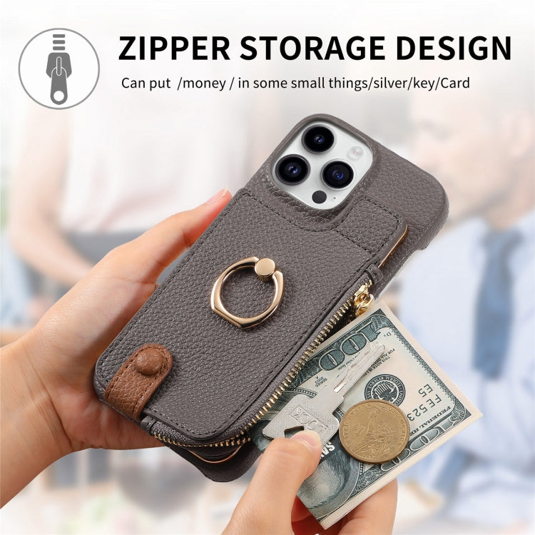 For iPhone 13 Pro Litchi Leather Oil Edge Ring Zipper Wallet Back Phone Case(Grey) - iPhone 13 Pro Cases by buy2fix | Online Shopping UK | buy2fix