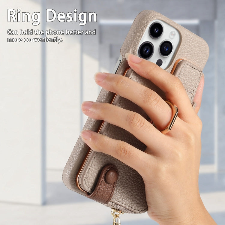 For iPhone 13 Pro Litchi Leather Oil Edge Ring Zipper Wallet Back Phone Case(Khaki) - iPhone 13 Pro Cases by buy2fix | Online Shopping UK | buy2fix