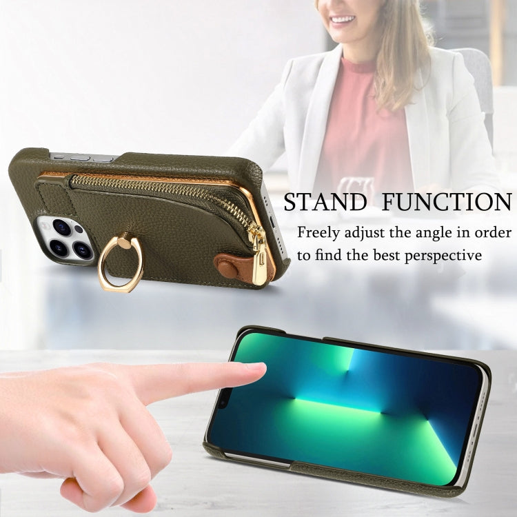 For iPhone 13 Pro Litchi Leather Oil Edge Ring Zipper Wallet Back Phone Case(Green) - iPhone 13 Pro Cases by buy2fix | Online Shopping UK | buy2fix