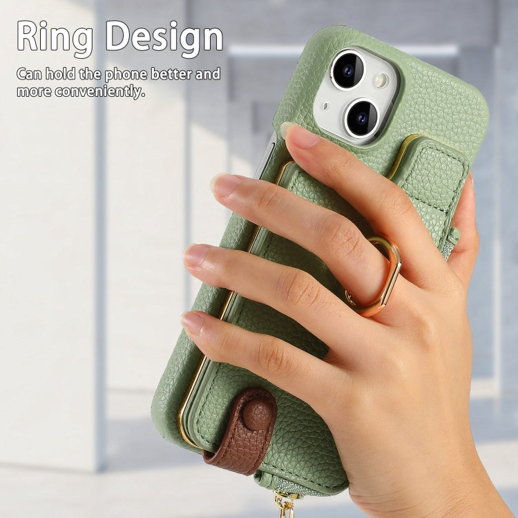For iPhone 13 Litchi Leather Oil Edge Ring Zipper Wallet Back Phone Case(Tea Green) - iPhone 13 Cases by buy2fix | Online Shopping UK | buy2fix