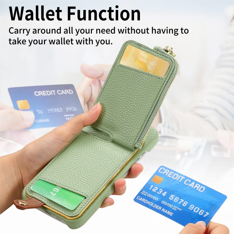 For iPhone 13 Litchi Leather Oil Edge Ring Zipper Wallet Back Phone Case(Tea Green) - iPhone 13 Cases by buy2fix | Online Shopping UK | buy2fix