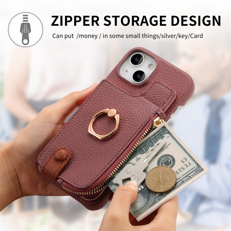 For iPhone 13 Litchi Leather Oil Edge Ring Zipper Wallet Back Phone Case(Jujube Apricot) - iPhone 13 Cases by buy2fix | Online Shopping UK | buy2fix