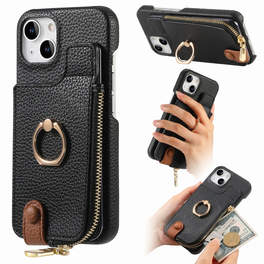 For iPhone 13 Litchi Leather Oil Edge Ring Zipper Wallet Back Phone Case(Black) - iPhone 13 Cases by buy2fix | Online Shopping UK | buy2fix