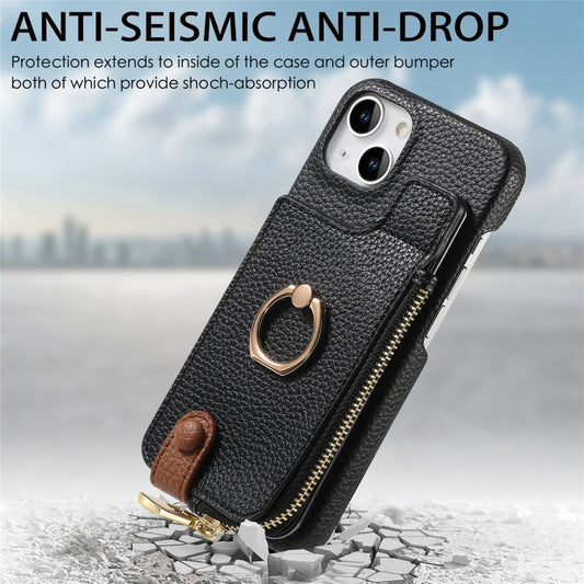 For iPhone 13 Litchi Leather Oil Edge Ring Zipper Wallet Back Phone Case(Black) - iPhone 13 Cases by buy2fix | Online Shopping UK | buy2fix
