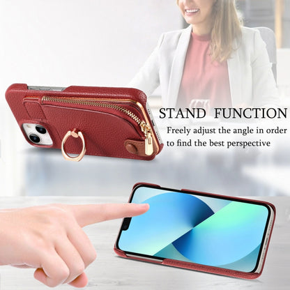 For iPhone 13 Litchi Leather Oil Edge Ring Zipper Wallet Back Phone Case(Red) - iPhone 13 Cases by buy2fix | Online Shopping UK | buy2fix
