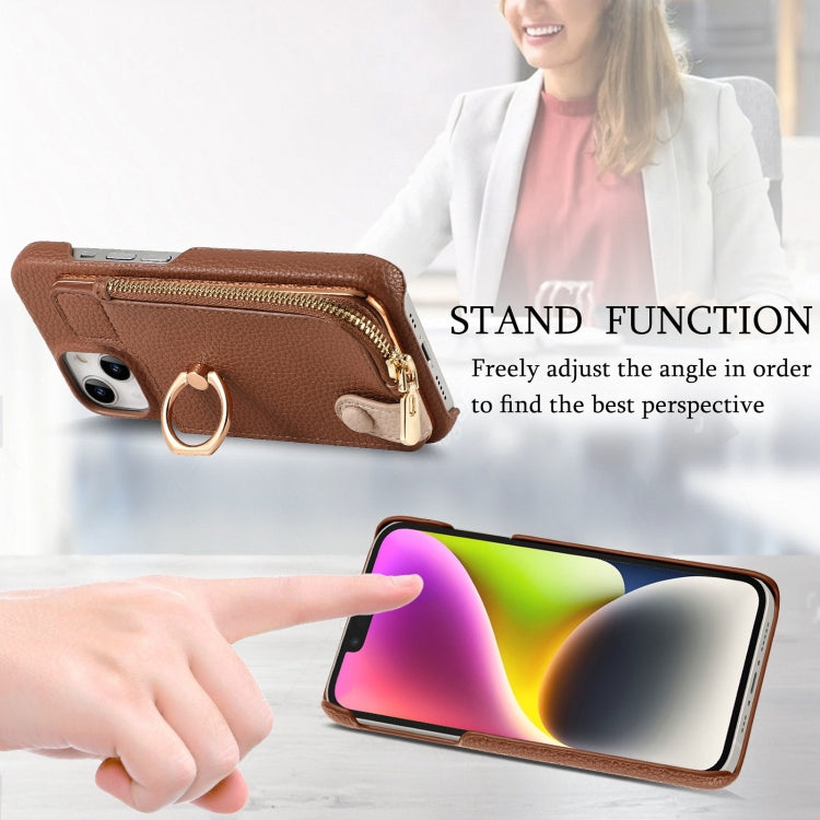 For iPhone 14 Plus Litchi Leather Oil Edge Ring Zipper Wallet Back Phone Case(Brown) - iPhone 14 Plus Cases by buy2fix | Online Shopping UK | buy2fix