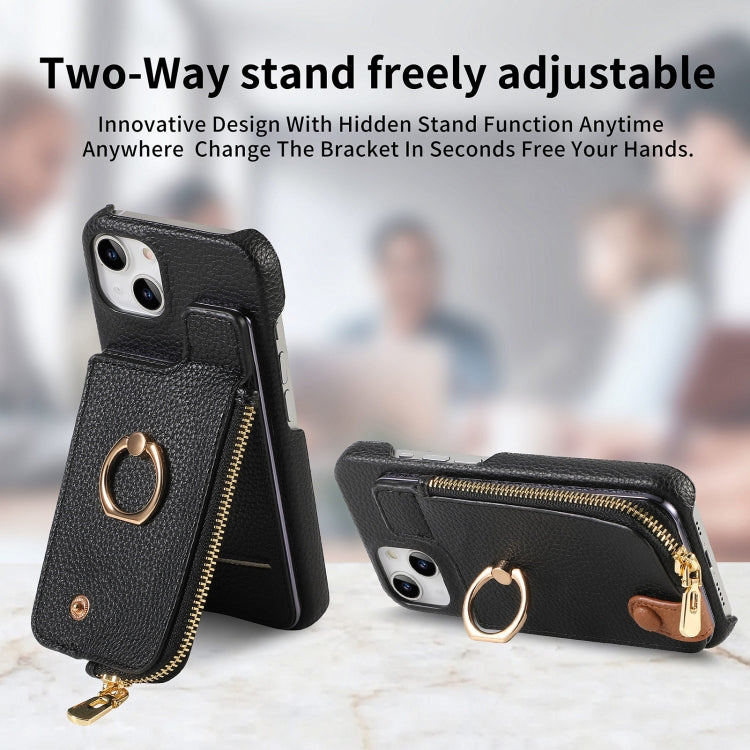 For iPhone 14 Plus Litchi Leather Oil Edge Ring Zipper Wallet Back Phone Case(Black) - iPhone 14 Plus Cases by buy2fix | Online Shopping UK | buy2fix