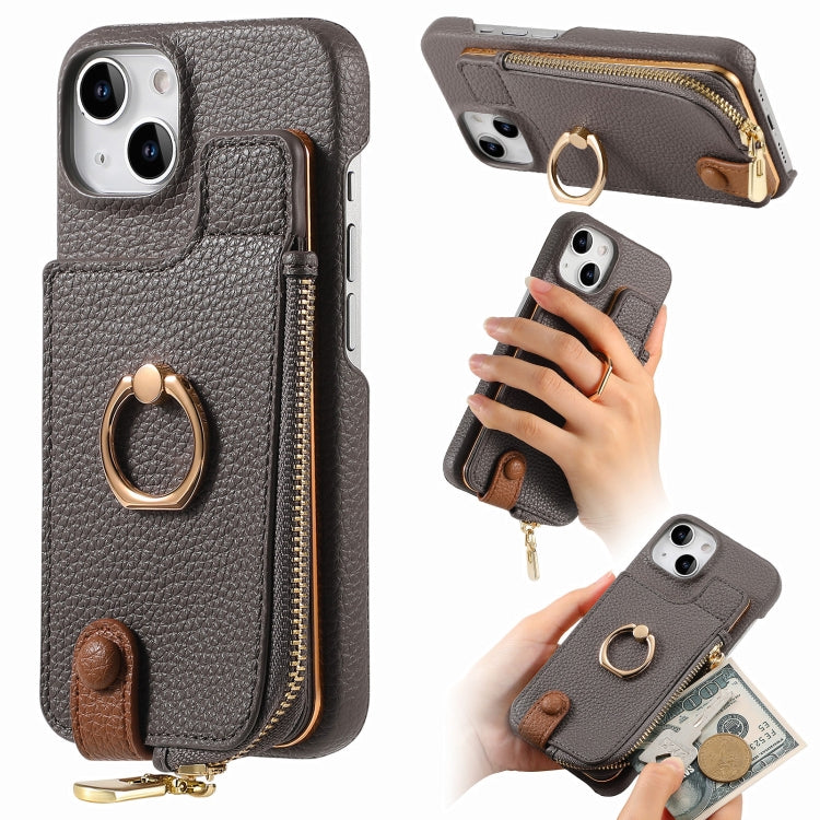 For iPhone 14 Plus Litchi Leather Oil Edge Ring Zipper Wallet Back Phone Case(Grey) - iPhone 14 Plus Cases by buy2fix | Online Shopping UK | buy2fix