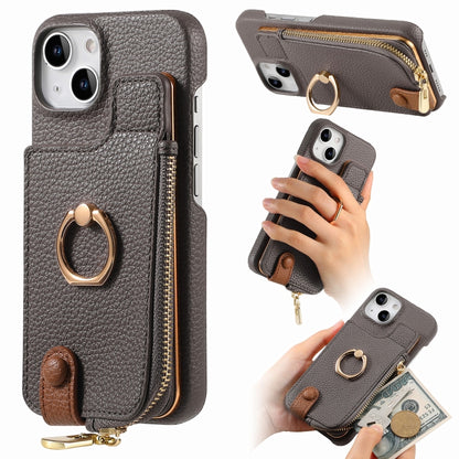 For iPhone 14 Plus Litchi Leather Oil Edge Ring Zipper Wallet Back Phone Case(Grey) - iPhone 14 Plus Cases by buy2fix | Online Shopping UK | buy2fix