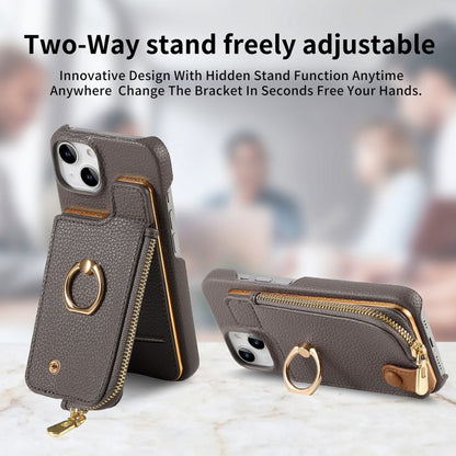 For iPhone 14 Plus Litchi Leather Oil Edge Ring Zipper Wallet Back Phone Case(Grey) - iPhone 14 Plus Cases by buy2fix | Online Shopping UK | buy2fix