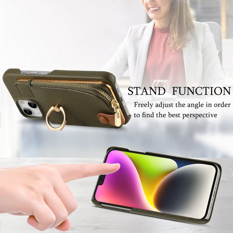 For iPhone 14 Plus Litchi Leather Oil Edge Ring Zipper Wallet Back Phone Case(Green) - iPhone 14 Plus Cases by buy2fix | Online Shopping UK | buy2fix