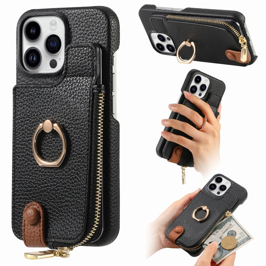 For iPhone 14 Pro Litchi Leather Oil Edge Ring Zipper Wallet Back Phone Case(Black) - iPhone 14 Pro Cases by buy2fix | Online Shopping UK | buy2fix
