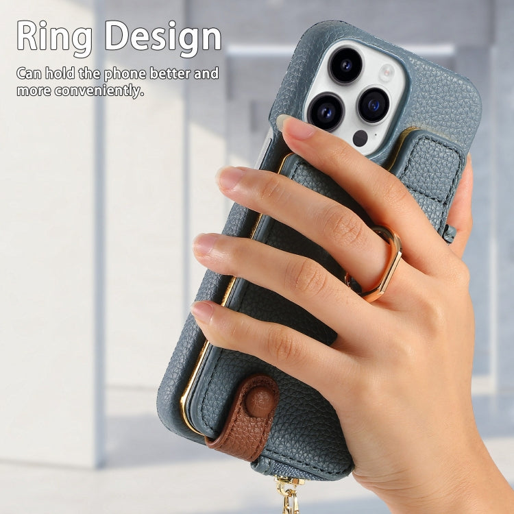 For iPhone 14 Pro Litchi Leather Oil Edge Ring Zipper Wallet Back Phone Case(Light Blue) - iPhone 14 Pro Cases by buy2fix | Online Shopping UK | buy2fix