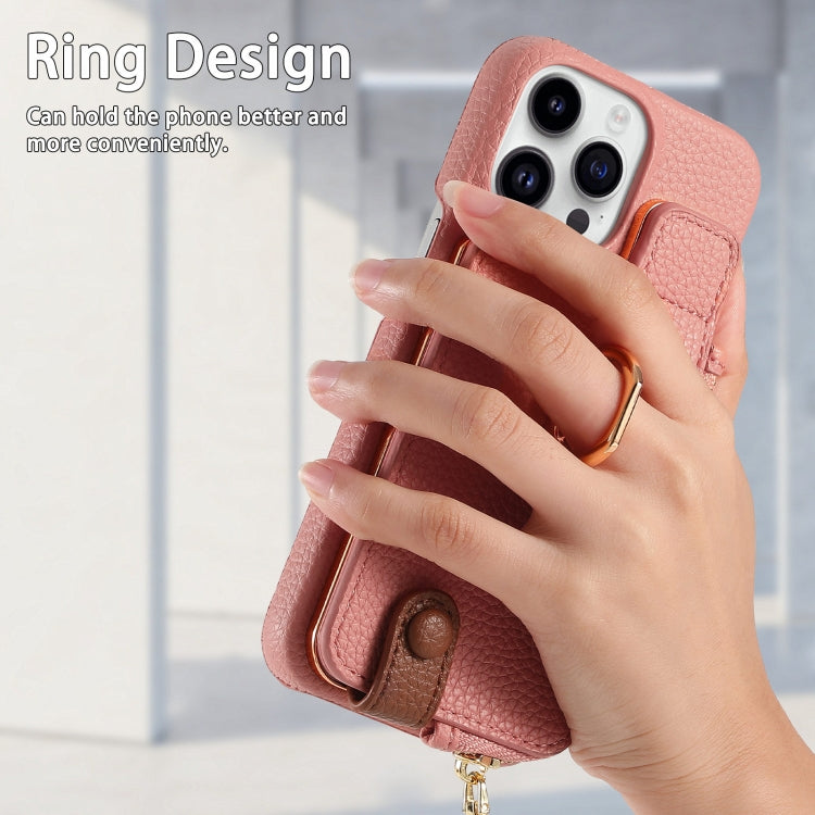 For iPhone 14 Pro Litchi Leather Oil Edge Ring Zipper Wallet Back Phone Case(Pink) - iPhone 14 Pro Cases by buy2fix | Online Shopping UK | buy2fix