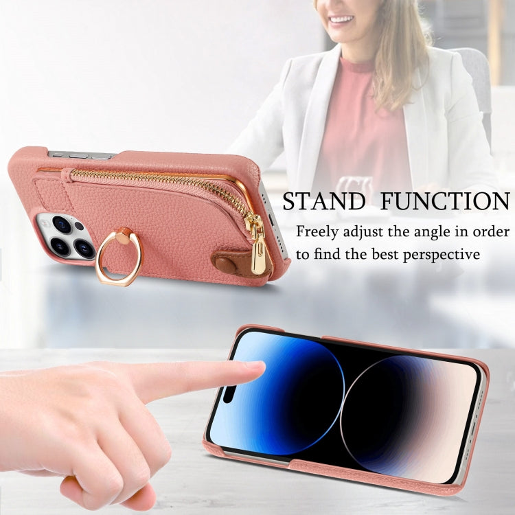 For iPhone 14 Pro Litchi Leather Oil Edge Ring Zipper Wallet Back Phone Case(Pink) - iPhone 14 Pro Cases by buy2fix | Online Shopping UK | buy2fix