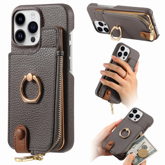 For iPhone 14 Pro Litchi Leather Oil Edge Ring Zipper Wallet Back Phone Case(Grey) - iPhone 14 Pro Cases by buy2fix | Online Shopping UK | buy2fix
