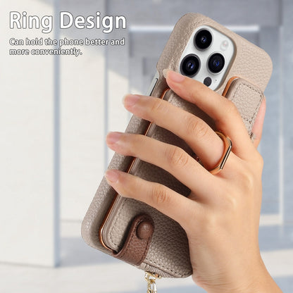 For iPhone 14 Pro Litchi Leather Oil Edge Ring Zipper Wallet Back Phone Case(Khaki) - iPhone 14 Pro Cases by buy2fix | Online Shopping UK | buy2fix