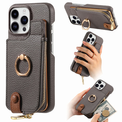 For iPhone 14 Pro Max Litchi Leather Oil Edge Ring Zipper Wallet Back Phone Case(Grey) - iPhone 14 Pro Max Cases by buy2fix | Online Shopping UK | buy2fix