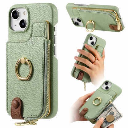 For iPhone 14 Litchi Leather Oil Edge Ring Zipper Wallet Back Phone Case(Tea Green) - iPhone 14 Cases by buy2fix | Online Shopping UK | buy2fix