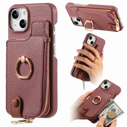 For iPhone 14 Litchi Leather Oil Edge Ring Zipper Wallet Back Phone Case(Jujube Apricot) - iPhone 14 Cases by buy2fix | Online Shopping UK | buy2fix