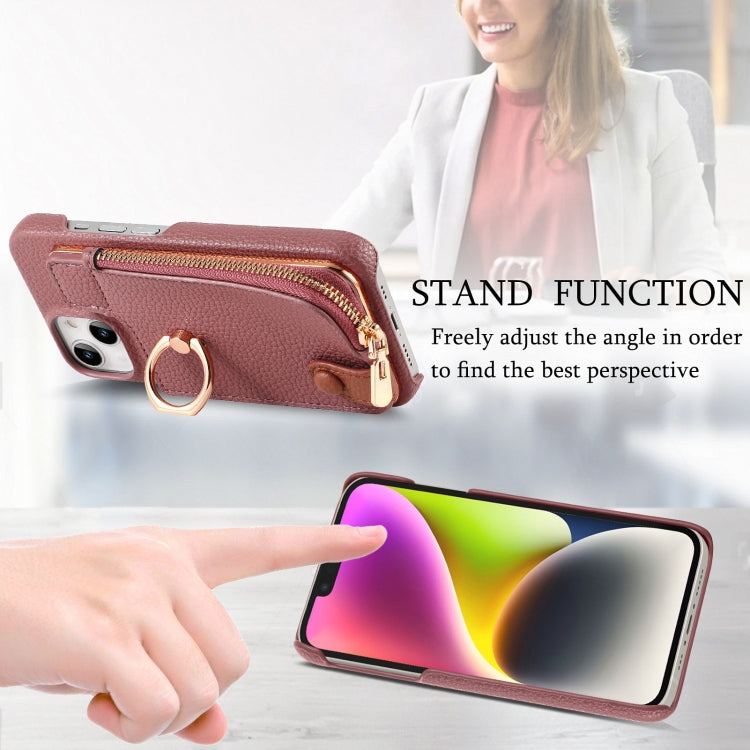 For iPhone 14 Litchi Leather Oil Edge Ring Zipper Wallet Back Phone Case(Jujube Apricot) - iPhone 14 Cases by buy2fix | Online Shopping UK | buy2fix