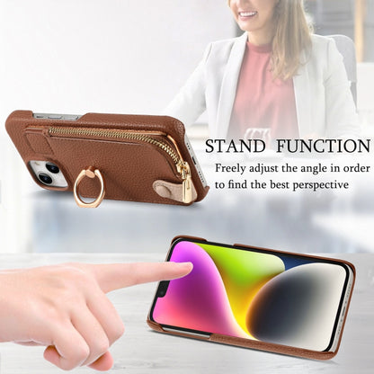 For iPhone 14 Litchi Leather Oil Edge Ring Zipper Wallet Back Phone Case(Brown) - iPhone 14 Cases by buy2fix | Online Shopping UK | buy2fix