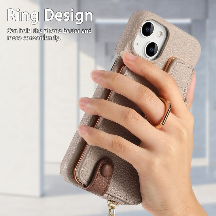 For iPhone 14 Litchi Leather Oil Edge Ring Zipper Wallet Back Phone Case(Khaki) - iPhone 14 Cases by buy2fix | Online Shopping UK | buy2fix