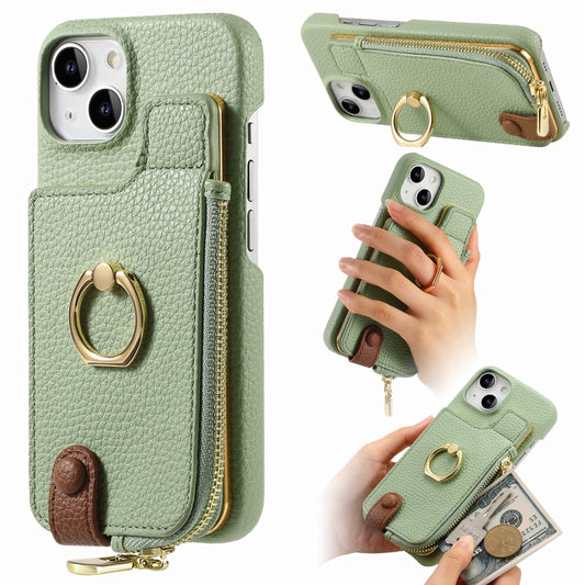 For iPhone 15 Plus Litchi Leather Oil Edge Ring Zipper Wallet Back Phone Case(Tea Green) - iPhone 15 Plus Cases by buy2fix | Online Shopping UK | buy2fix