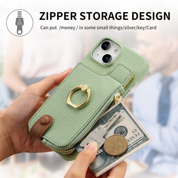 For iPhone 15 Plus Litchi Leather Oil Edge Ring Zipper Wallet Back Phone Case(Tea Green) - iPhone 15 Plus Cases by buy2fix | Online Shopping UK | buy2fix