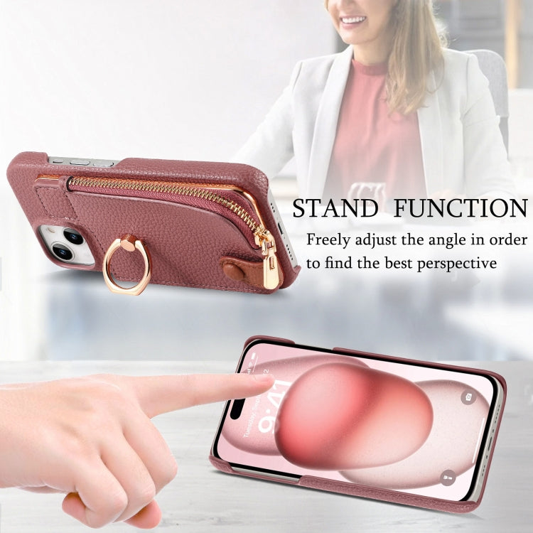 For iPhone 15 Plus Litchi Leather Oil Edge Ring Zipper Wallet Back Phone Case(Jujube Apricot) - iPhone 15 Plus Cases by buy2fix | Online Shopping UK | buy2fix