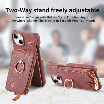 For iPhone 15 Plus Litchi Leather Oil Edge Ring Zipper Wallet Back Phone Case(Jujube Apricot) - iPhone 15 Plus Cases by buy2fix | Online Shopping UK | buy2fix