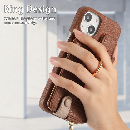 For iPhone 15 Plus Litchi Leather Oil Edge Ring Zipper Wallet Back Phone Case(Brown) - iPhone 15 Plus Cases by buy2fix | Online Shopping UK | buy2fix